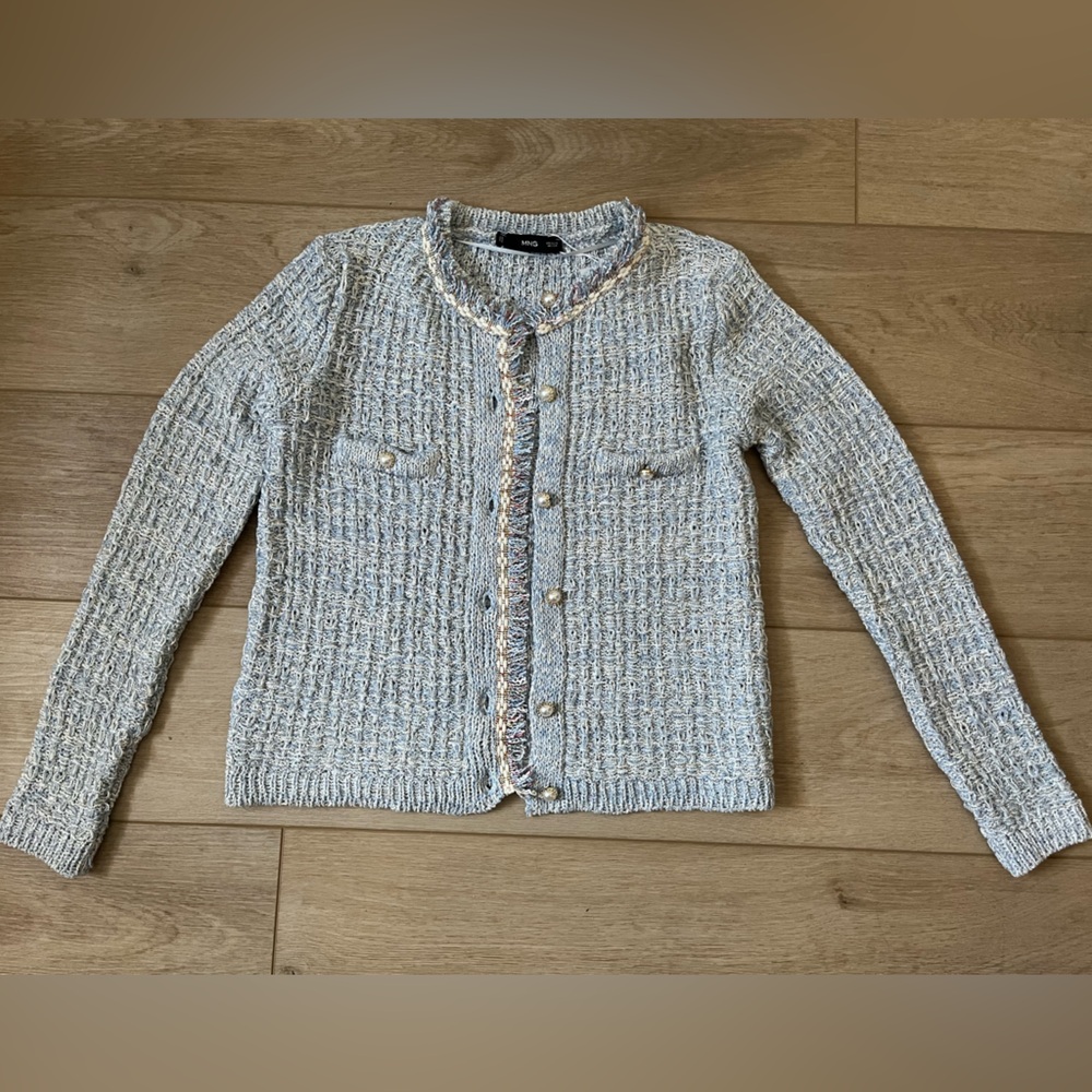 Women's Light Blue Cardigan Sweater with Pearl Button Accents
